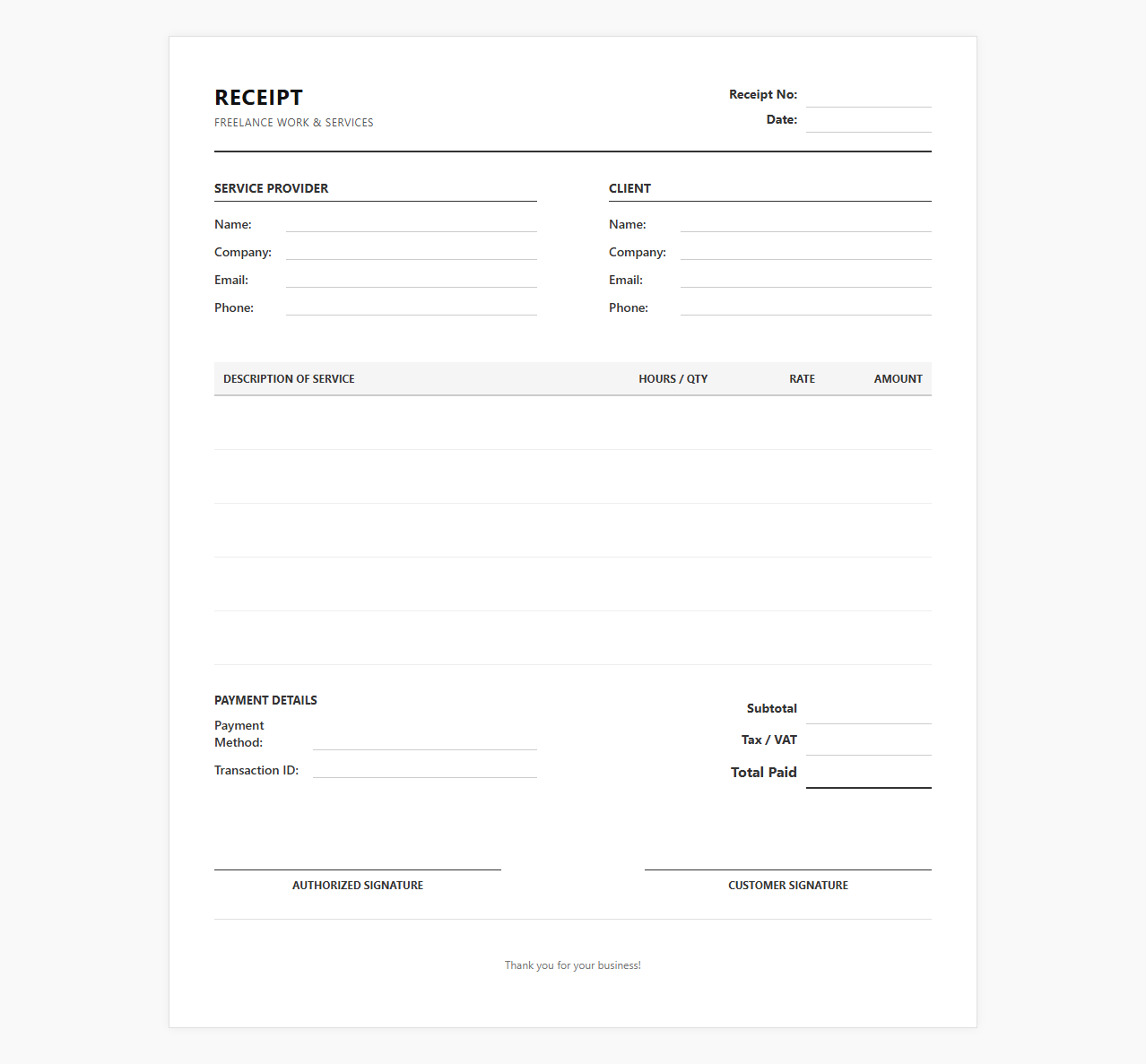 Freelance Work and Service Receipt Template