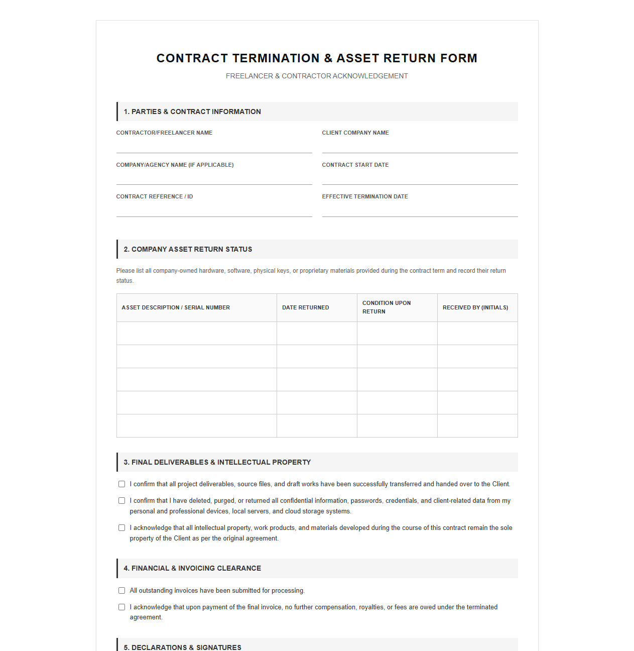 Freelancer Contract Termination and Asset Return Form