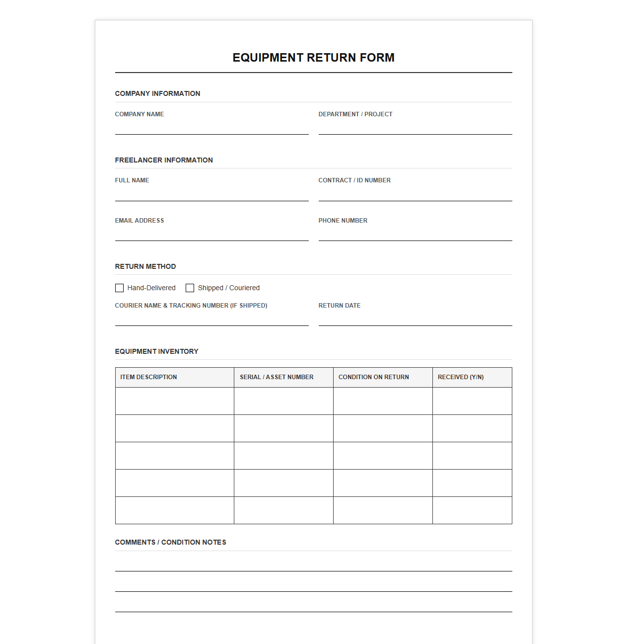 Freelancer Equipment Return Form Template