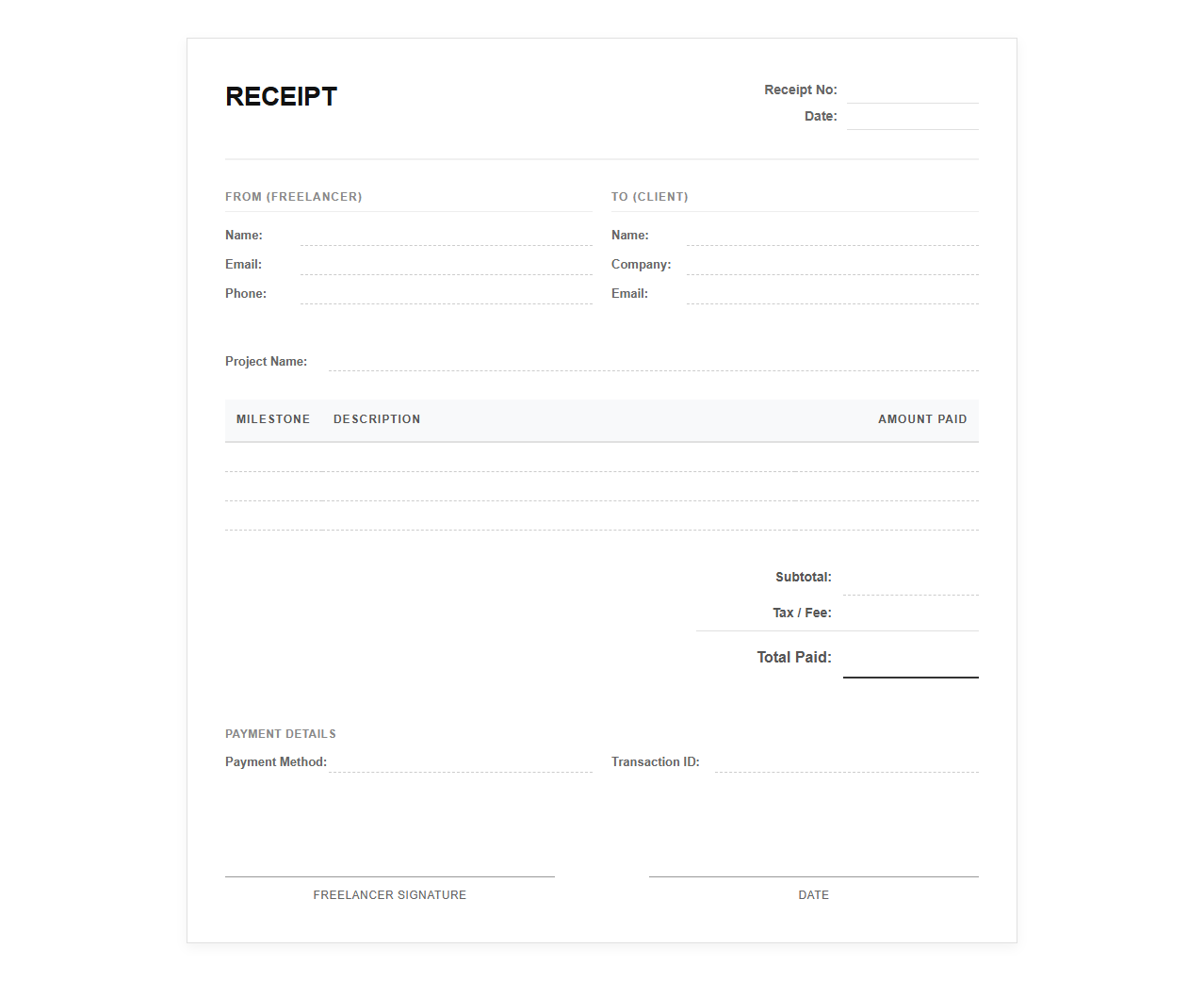 Freelancer Milestone Receipt Template