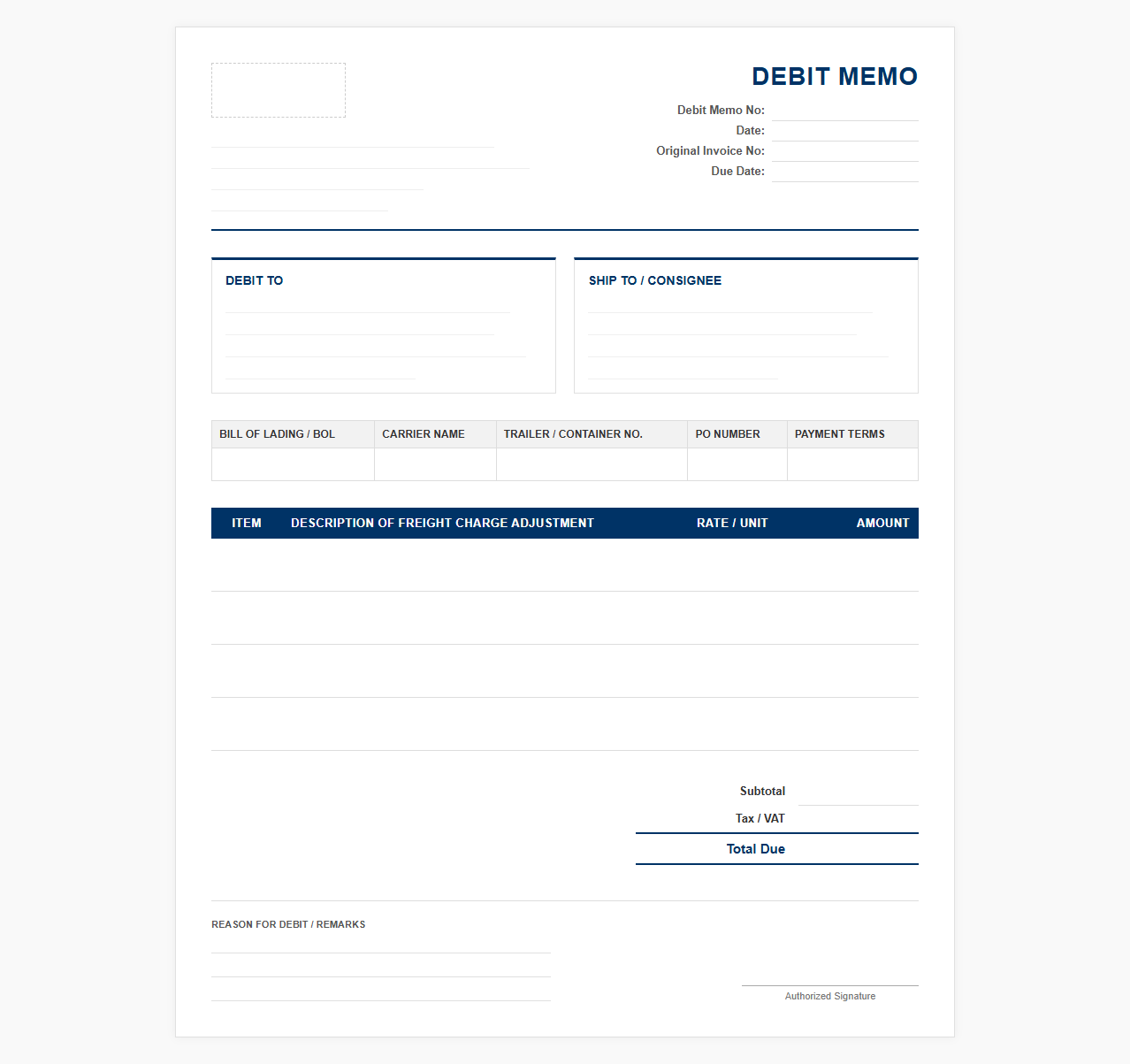 Freight Cost Debit Memo Invoice Template