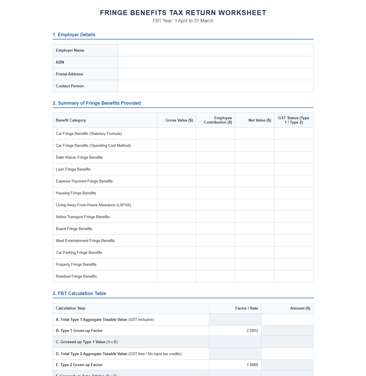 Fringe Benefits Tax Return Worksheet Template