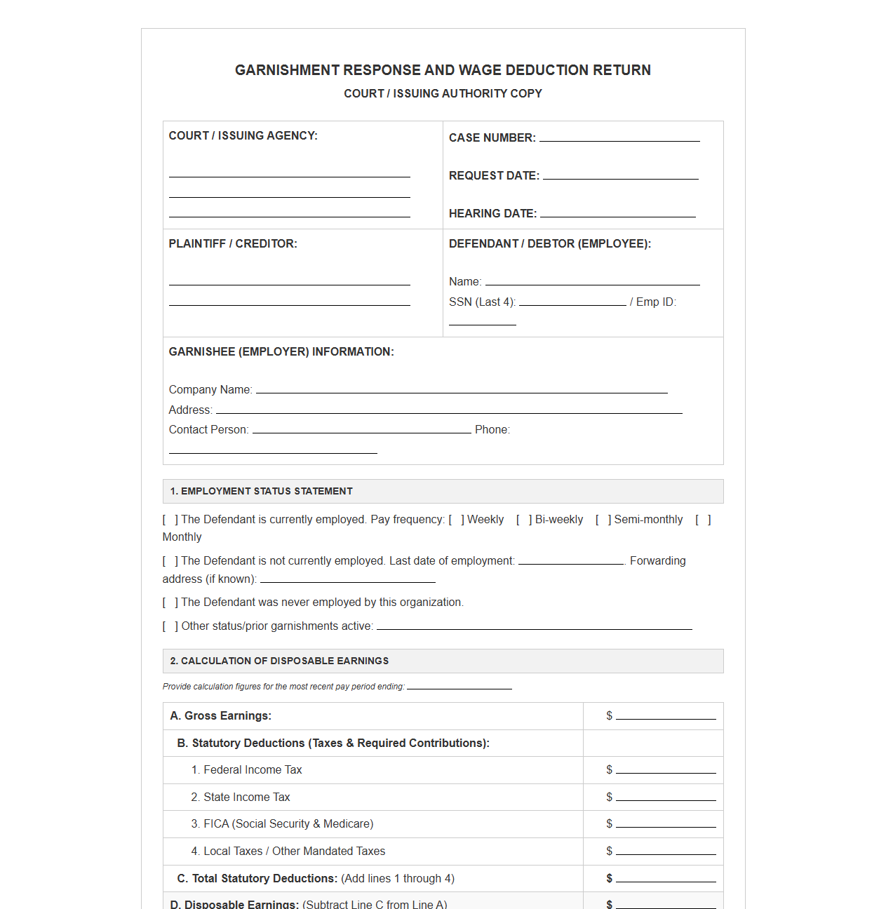Garnishment Response and Wage Deduction Template