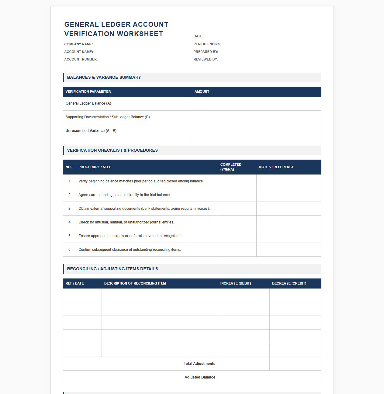 General Ledger Account Verification Worksheet