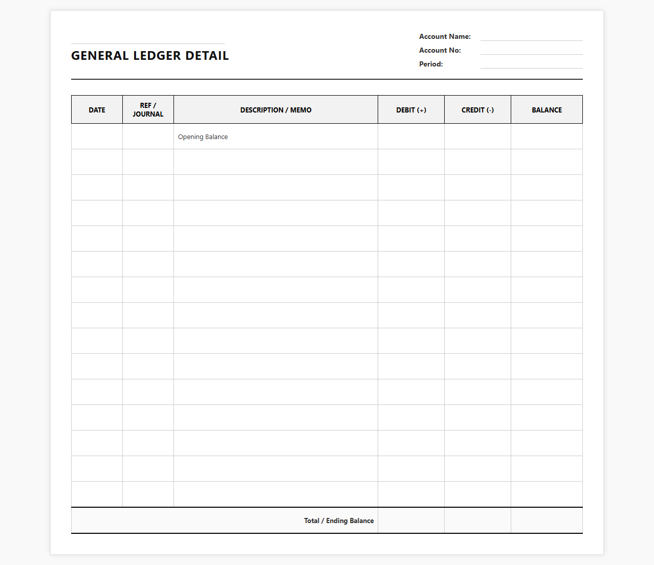 General Ledger Detail Sheet Template