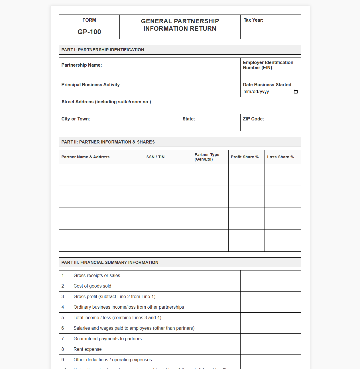 General Partnership Information Return Form