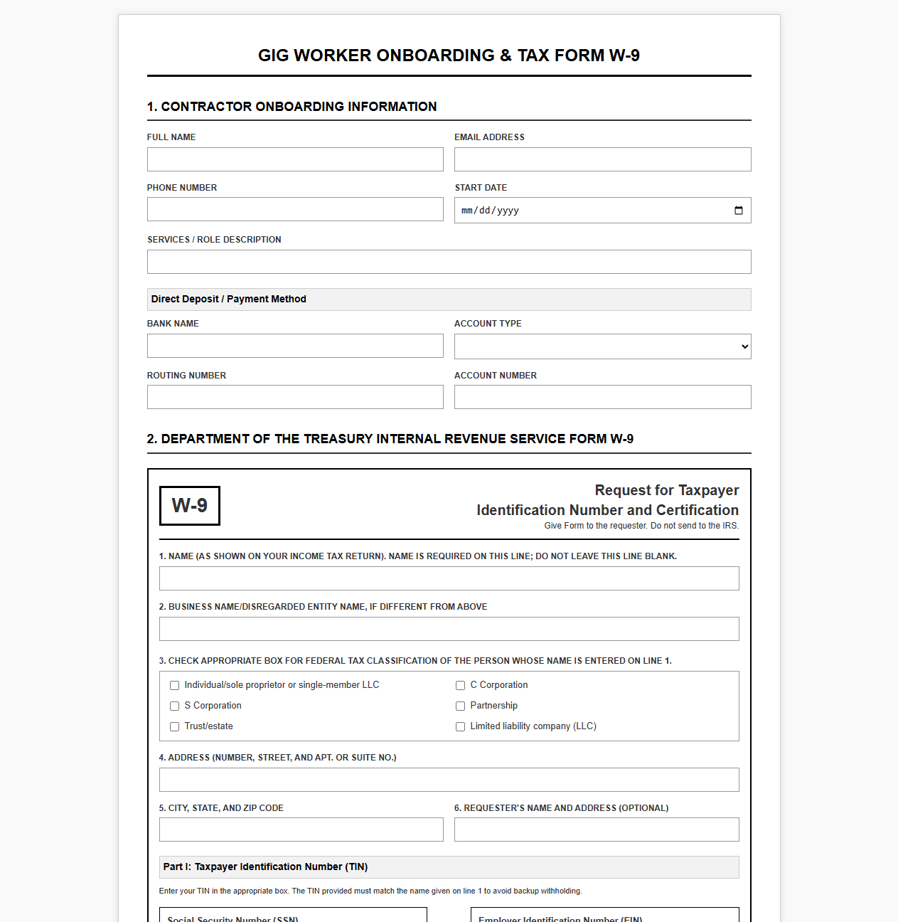Gig Worker Onboarding and Tax Form W-9 Document