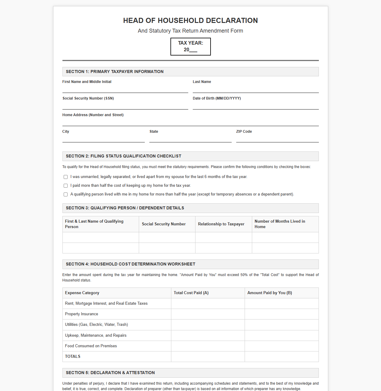 Head of Household Declaration and Tax Return Form