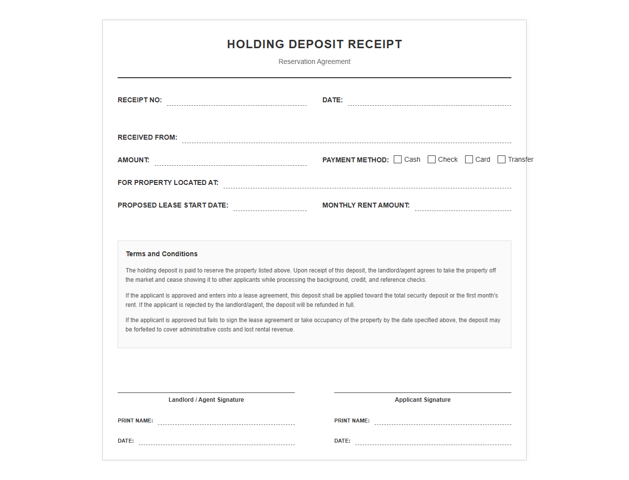Holding Deposit Receipt Form