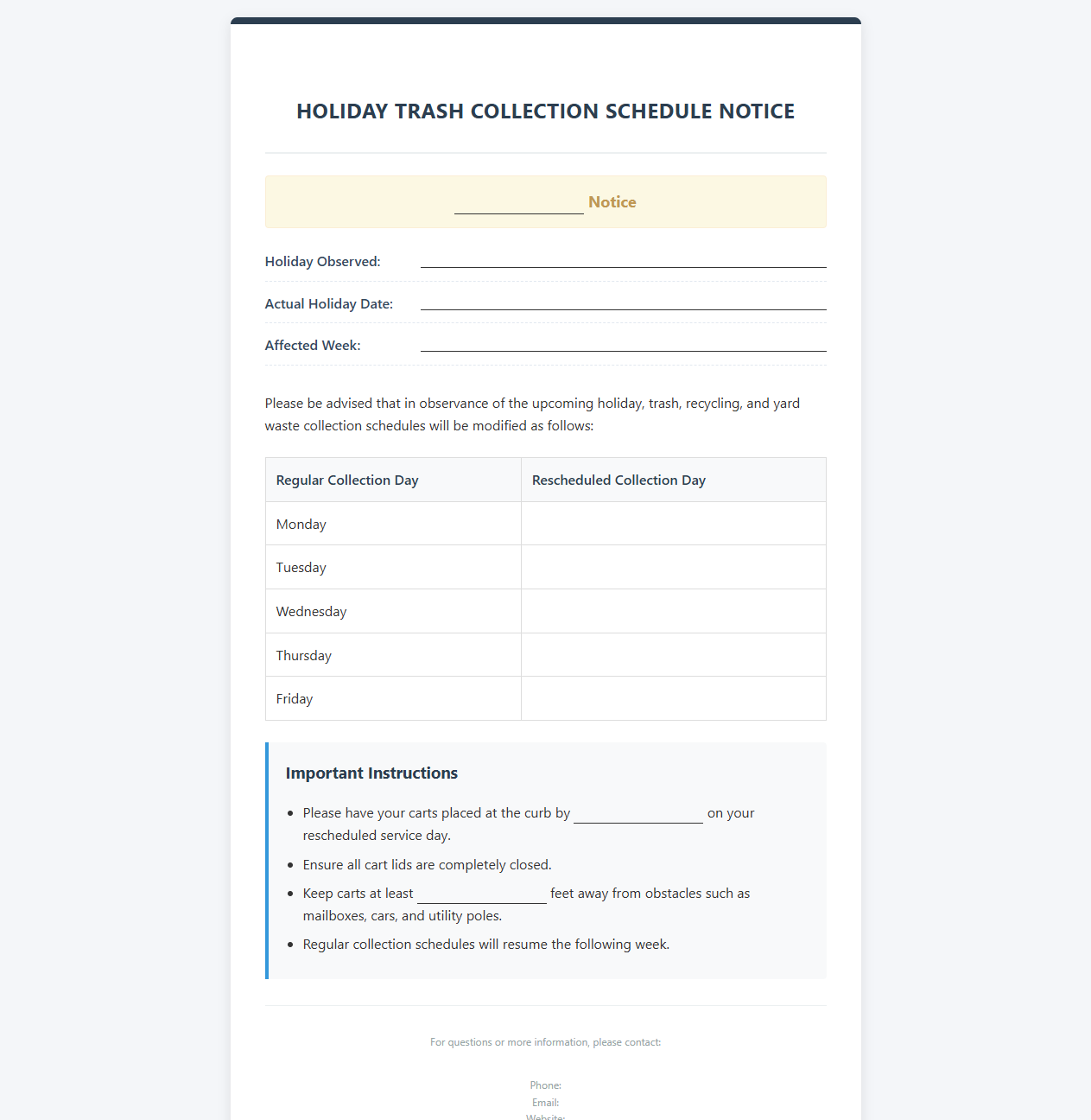Holiday Trash Collection Notice Template