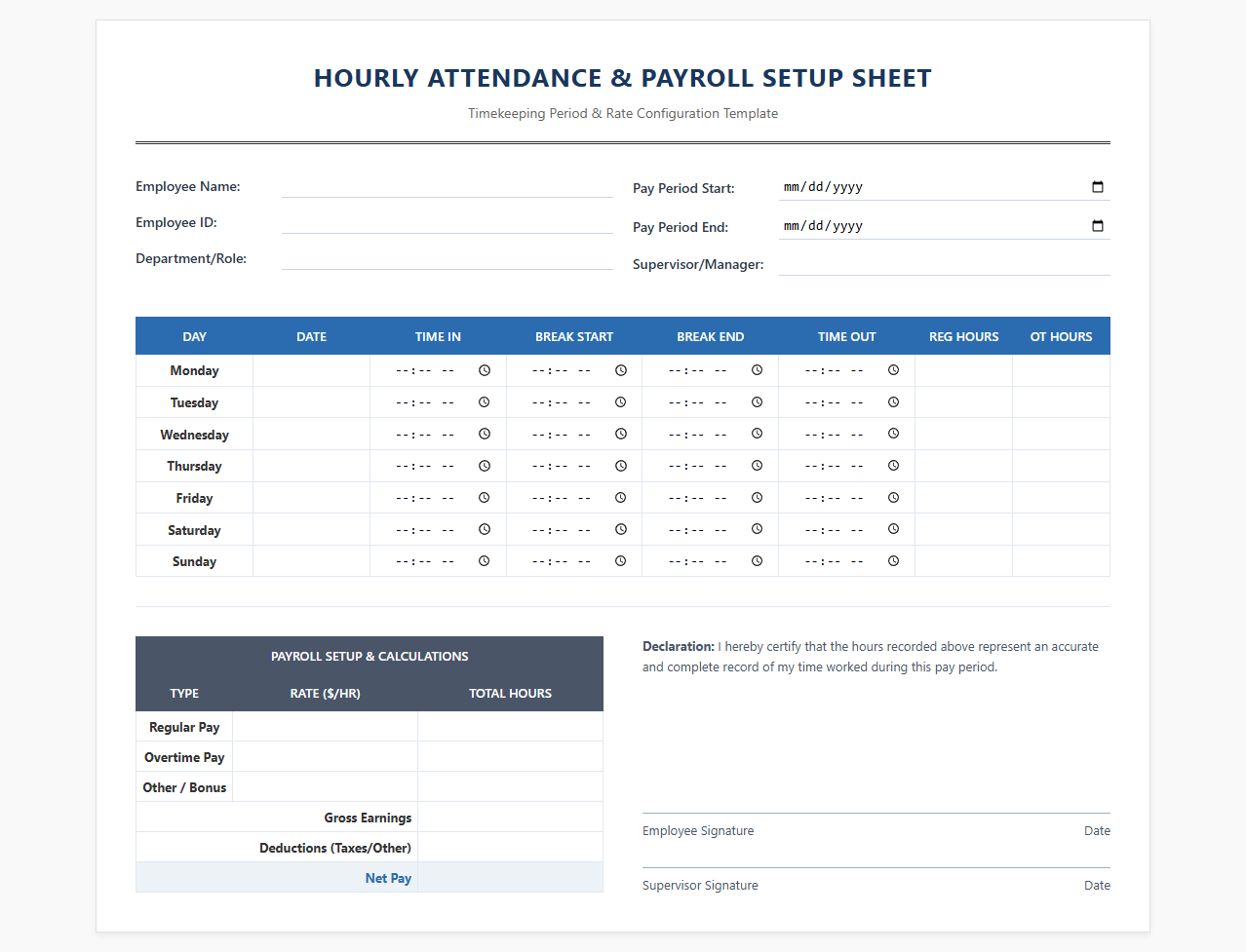Hourly Attendance and Payroll Setup Sheet