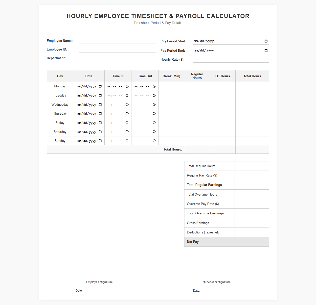 Hourly Employee Timesheet and Payroll Calculator