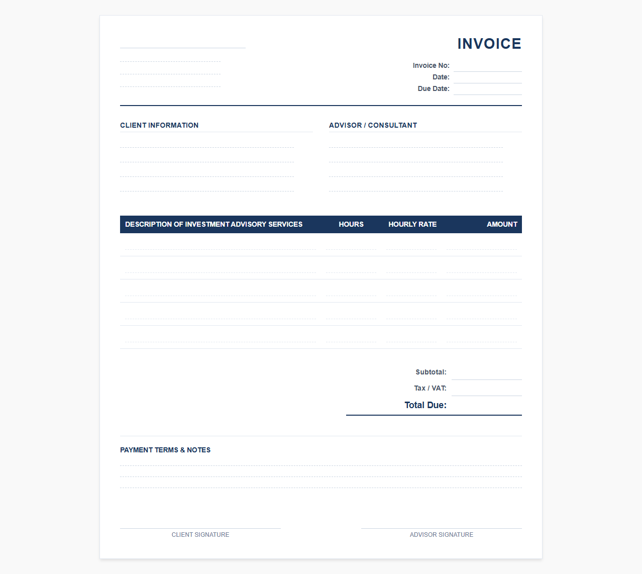 Hourly Investment Consulting Invoice Template
