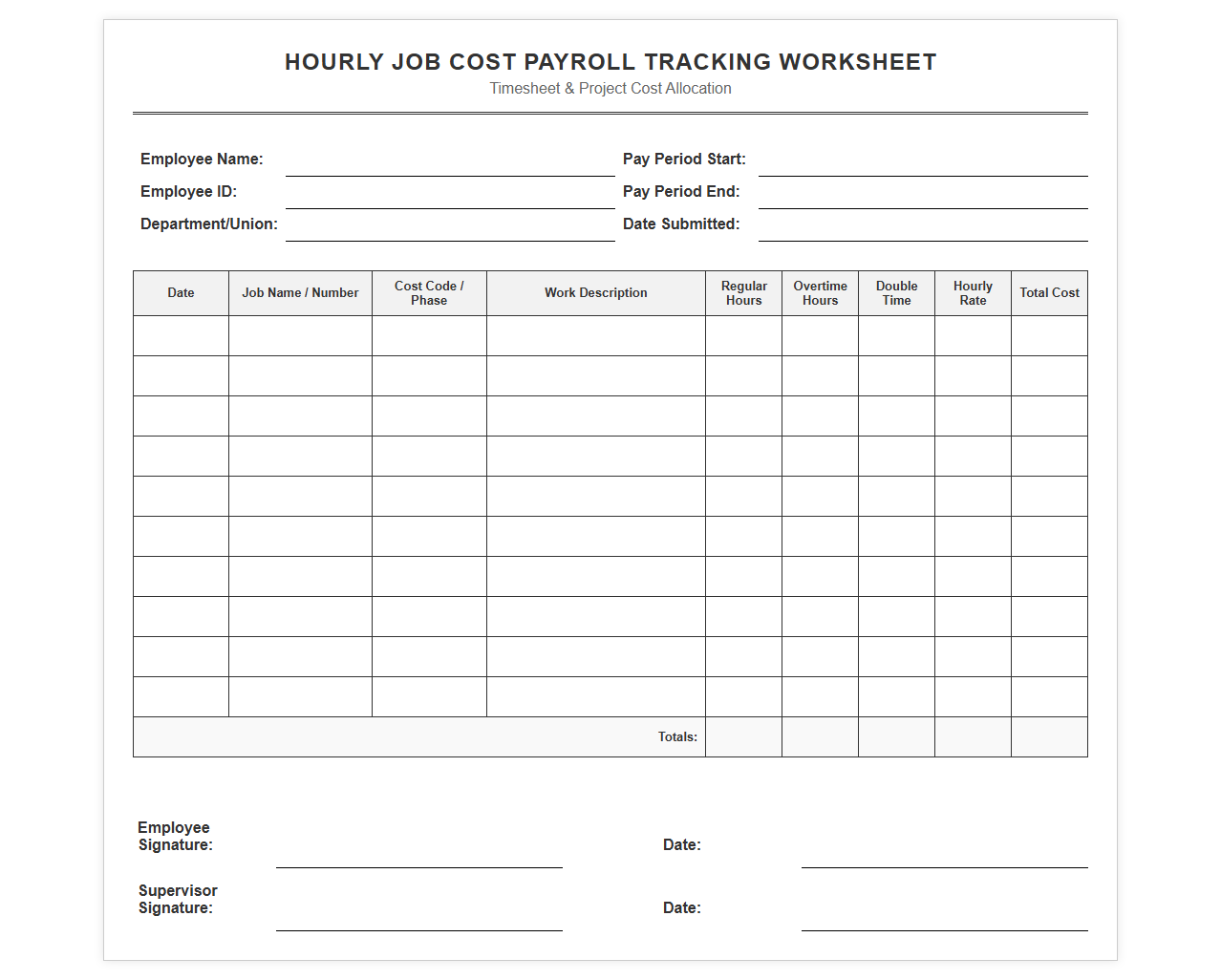 Hourly Job Cost Payroll Tracking Worksheet