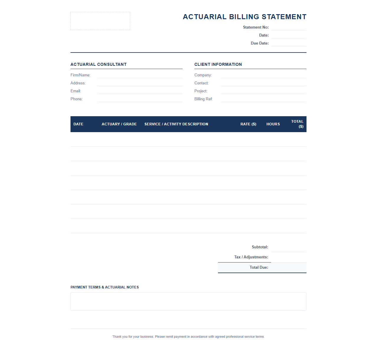 Hourly Rate Actuarial Billing Statement Template