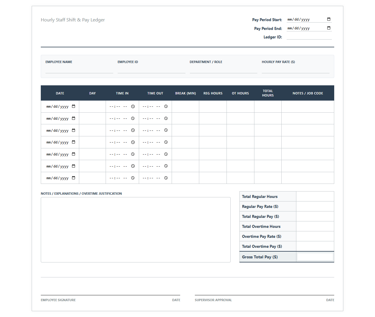 Hourly Staff Shift and Pay Ledger