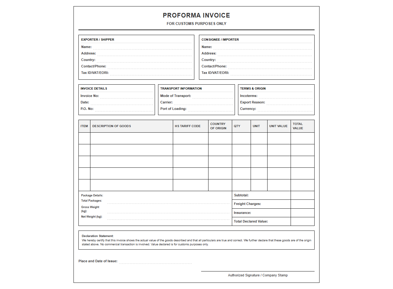 Import Export Proforma Invoice for Customs Clearance