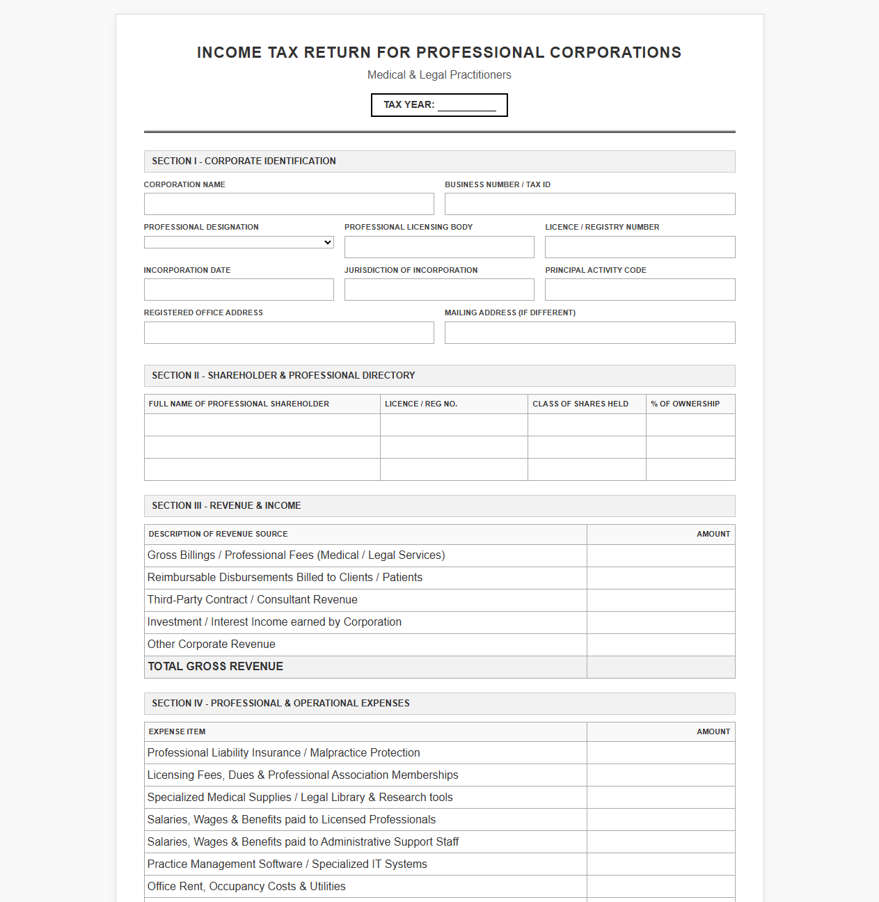 Income Tax Return Template for Medical and Legal Corporations