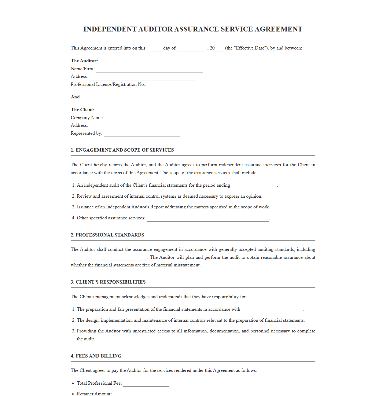 Independent Auditor Assurance Service Agreement Template