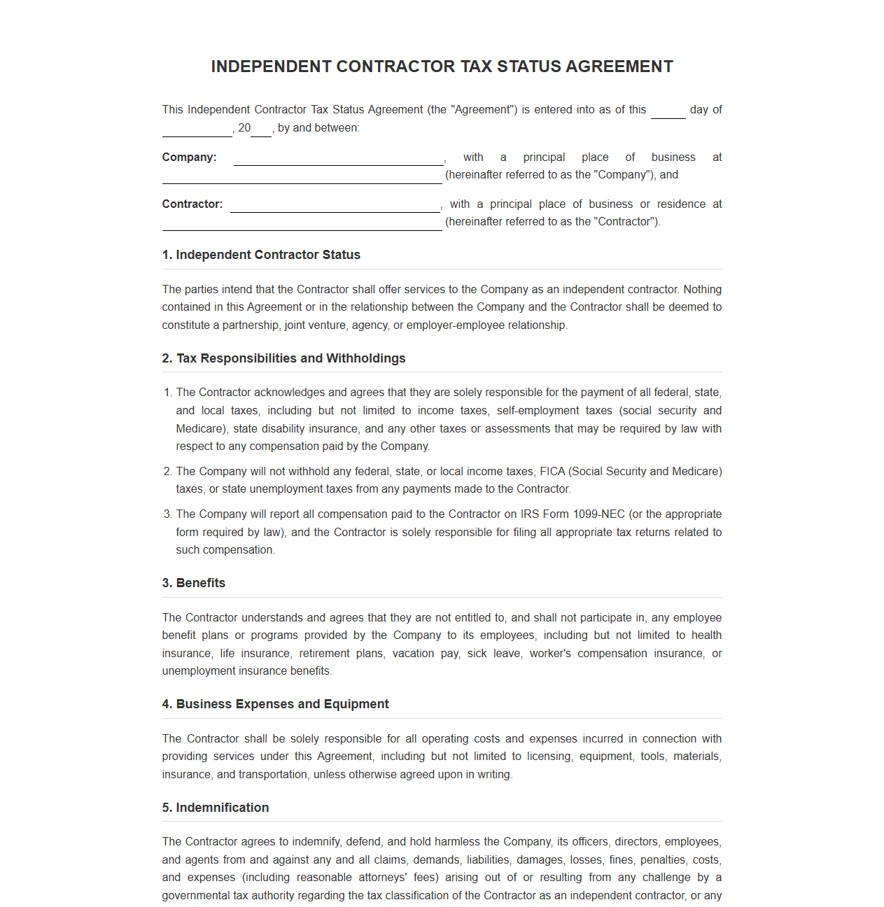 Independent Contractor Tax Status Agreement Template