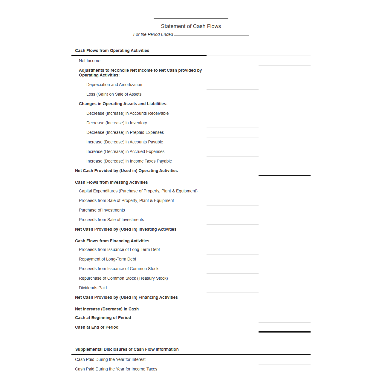 Indirect Cash Flow Statement Template