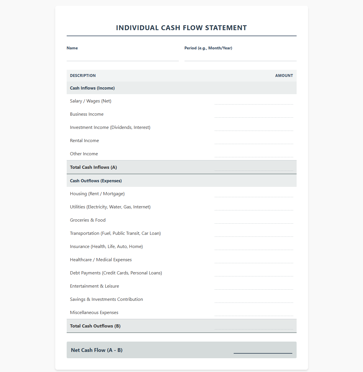 Individual Cash Flow Statement Template