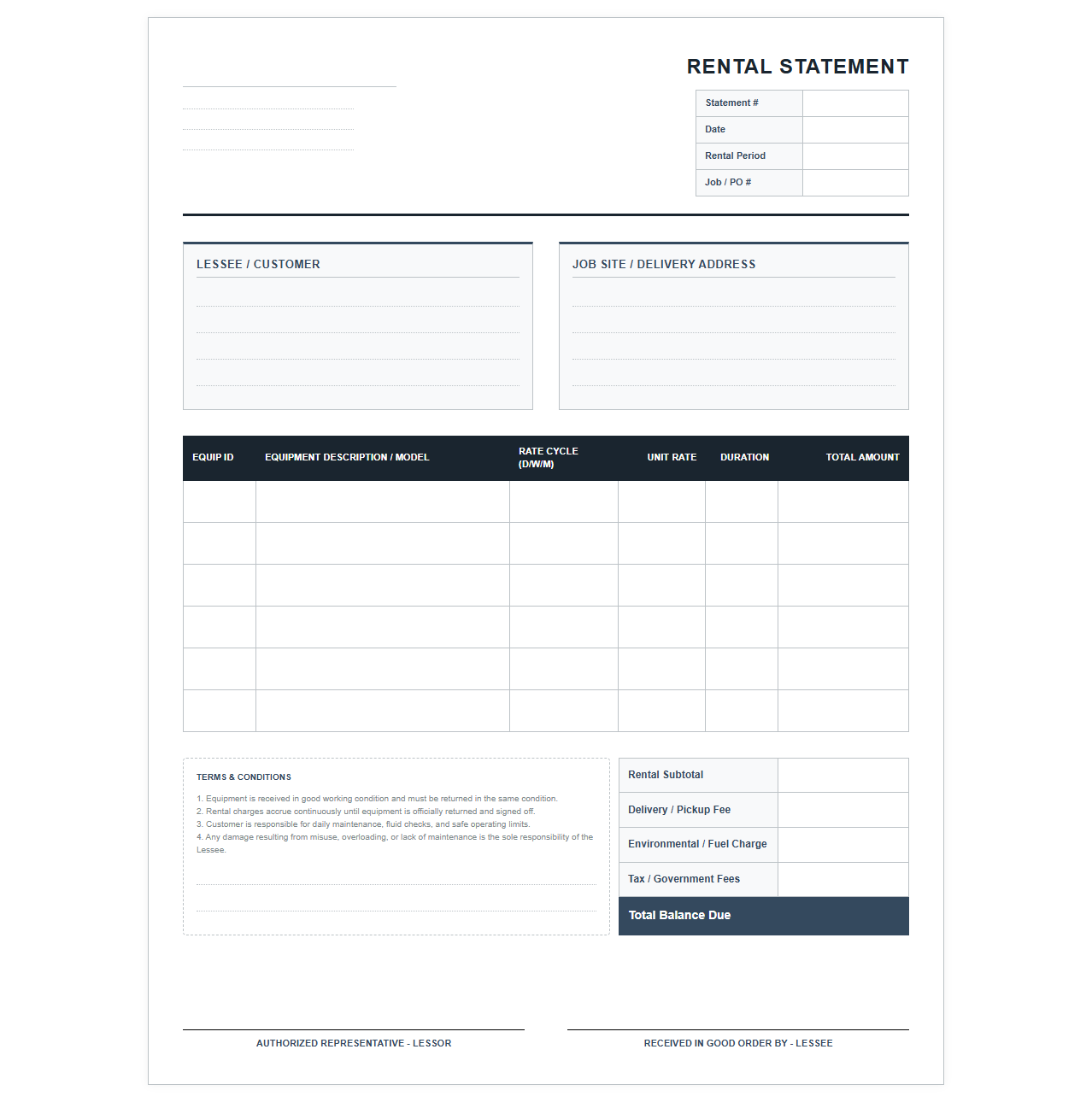 Industrial Equipment Rental Billing Statement