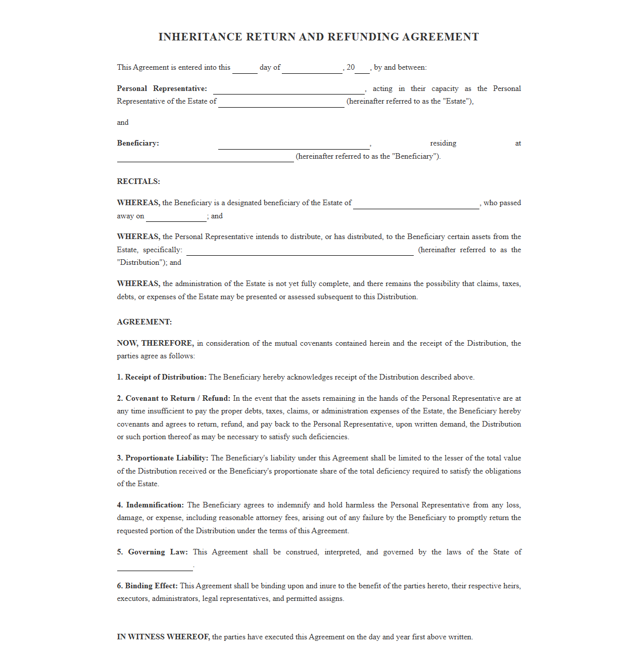 Inheritance Return Agreement Template for Estate Beneficiaries