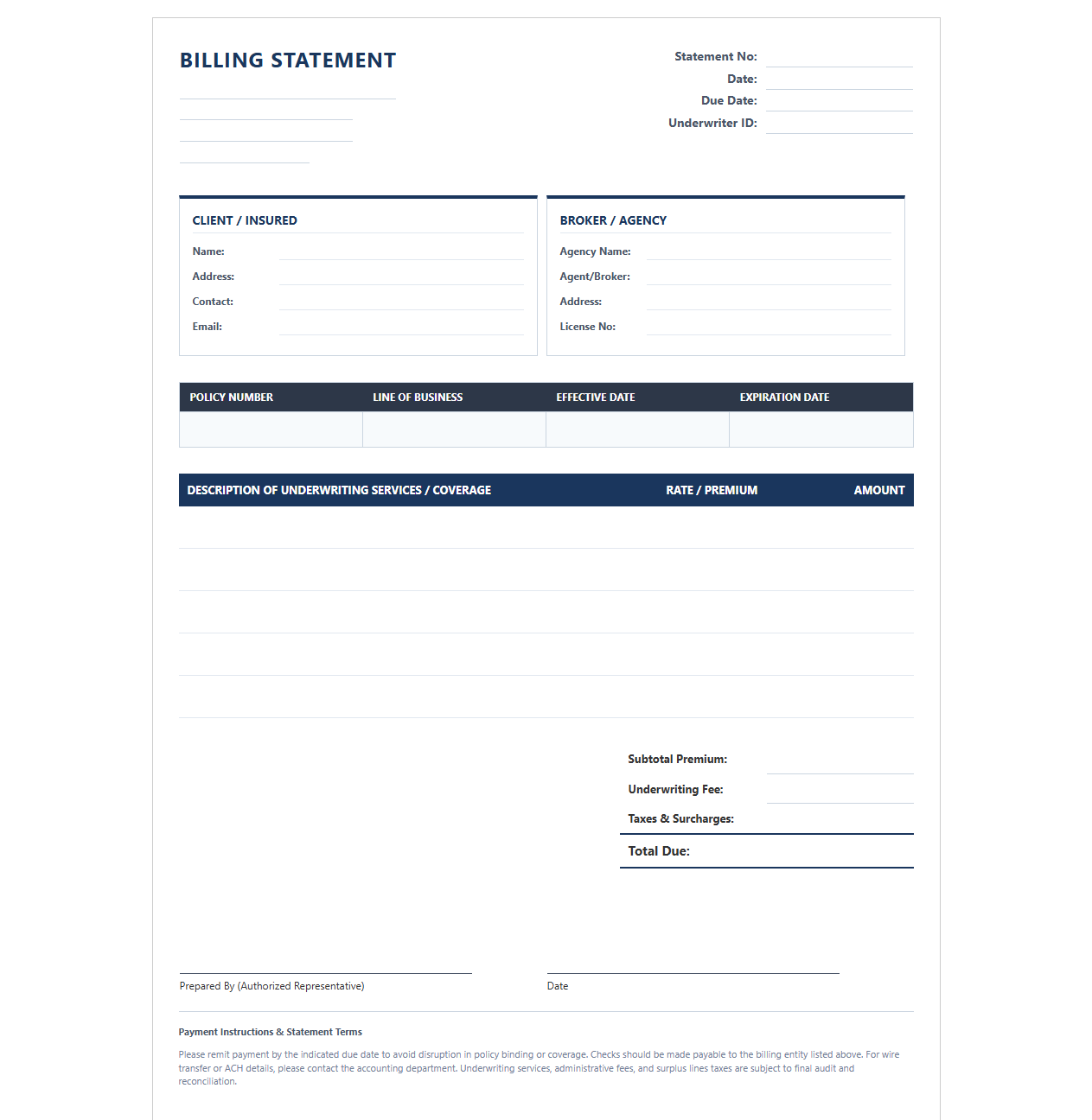 Insurance Underwriting Billing Statement Template