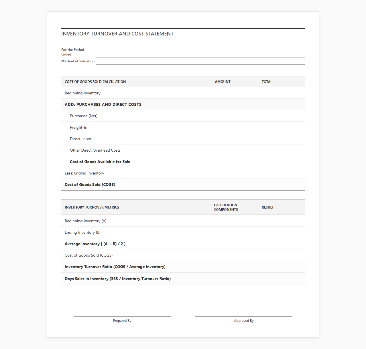 Inventory Turnover and Cost Statement Template