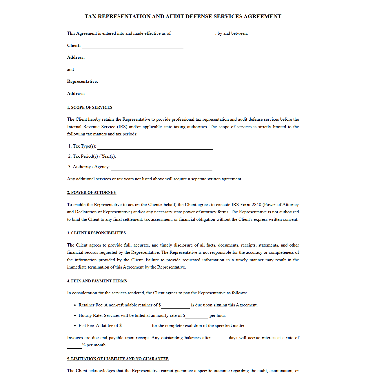 IRS Representation and Audit Defense Services Agreement