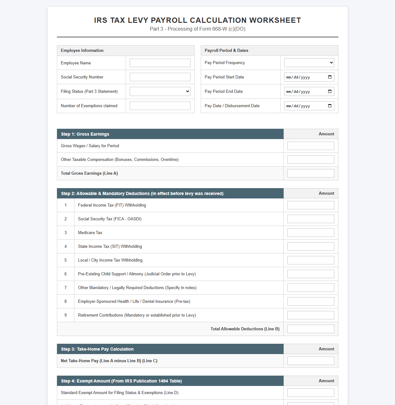 IRS Tax Levy Payroll Calculation Spreadsheet