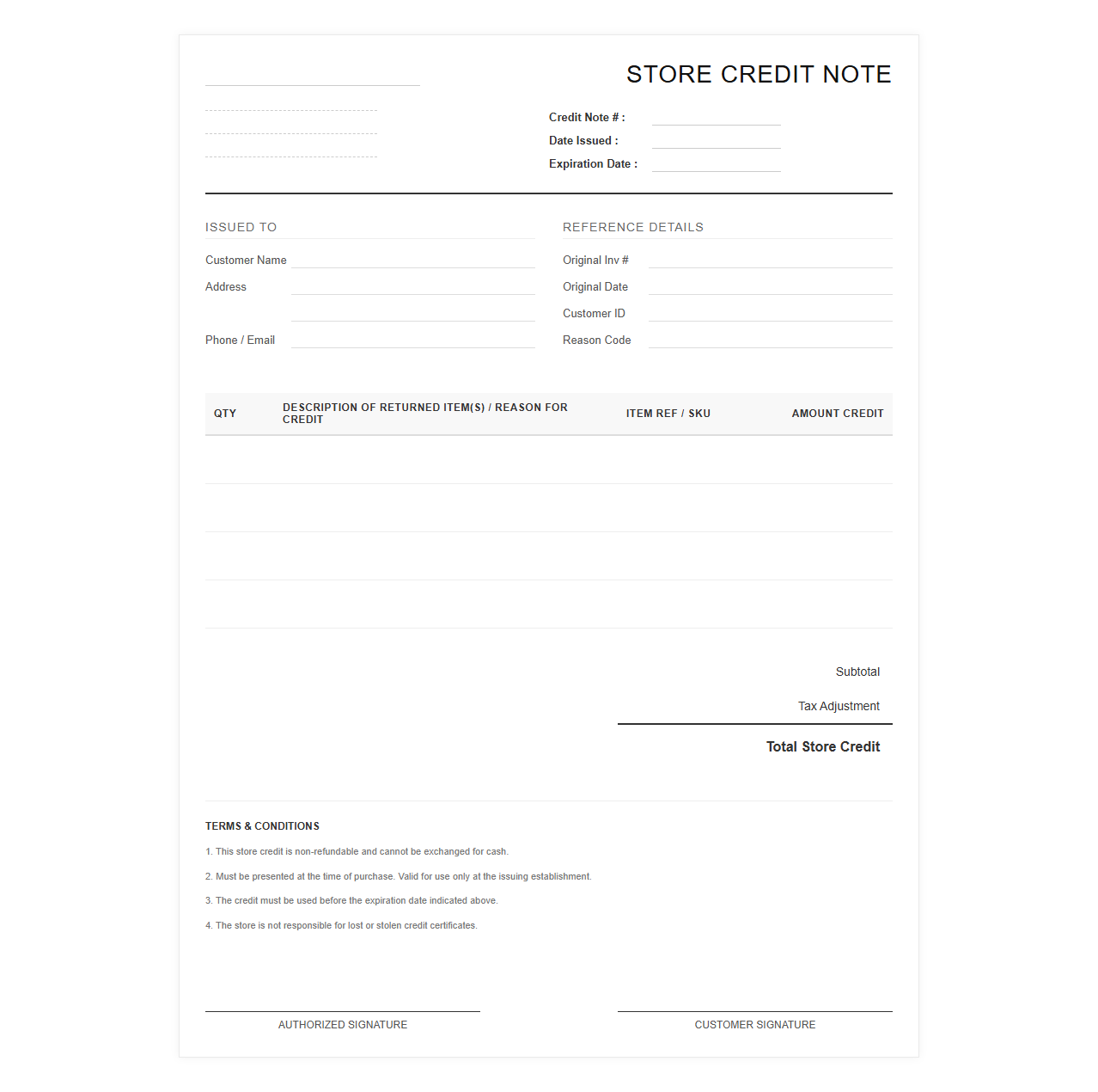 Issued Store Credit Invoice Format