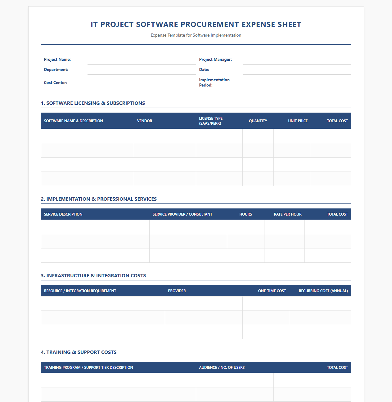 IT Project Software Procurement Expense Sheet