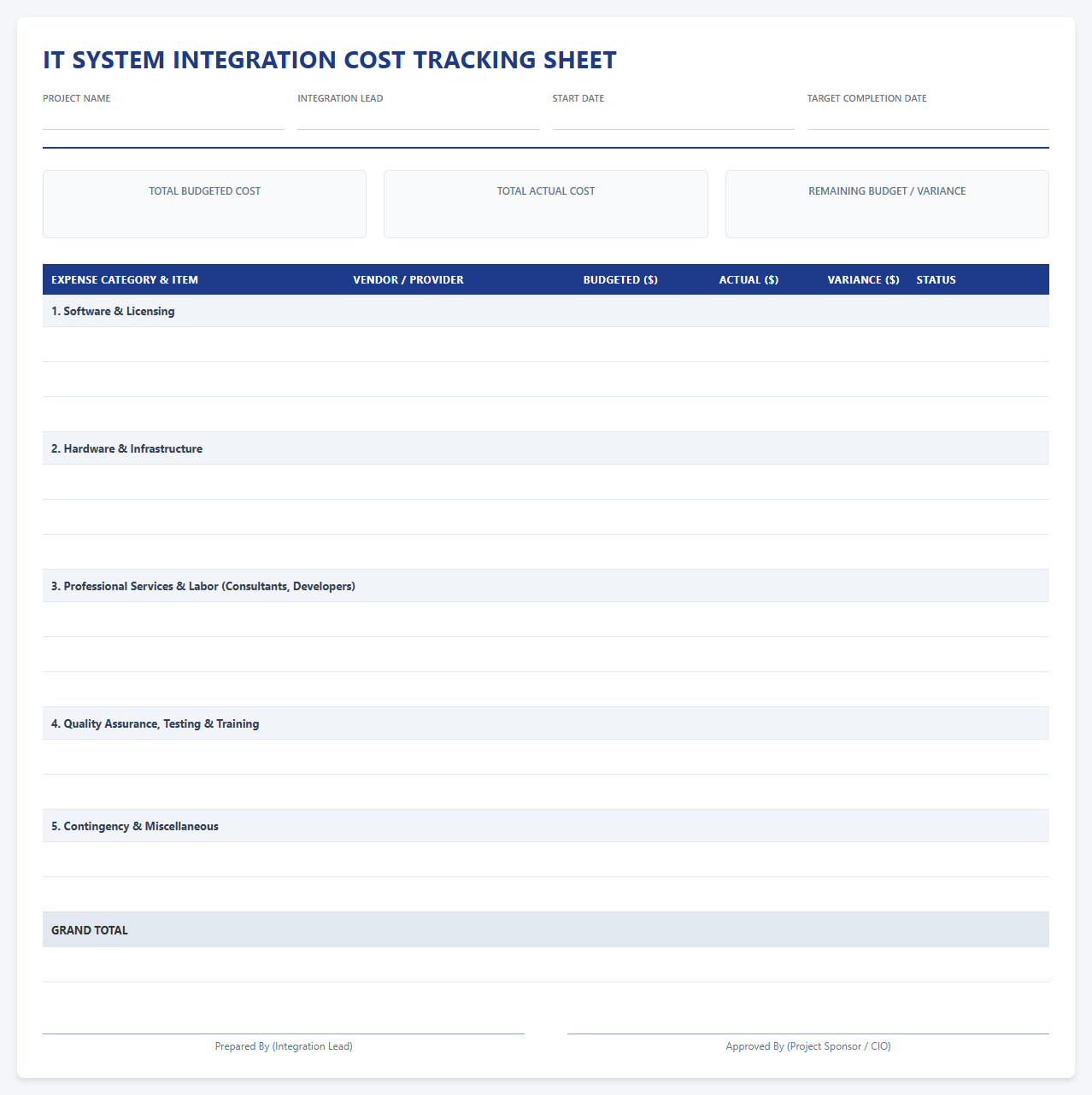 IT System Integration Cost Tracking Sheet
