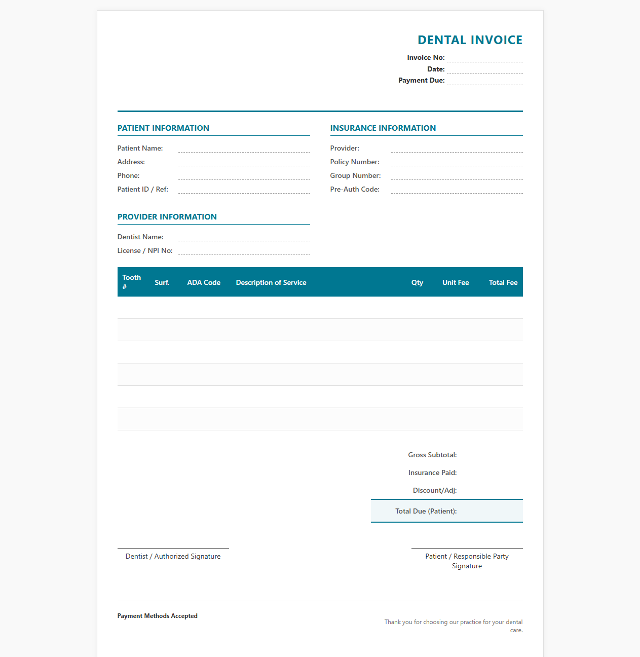 Itemized Dental Treatment Invoice Template