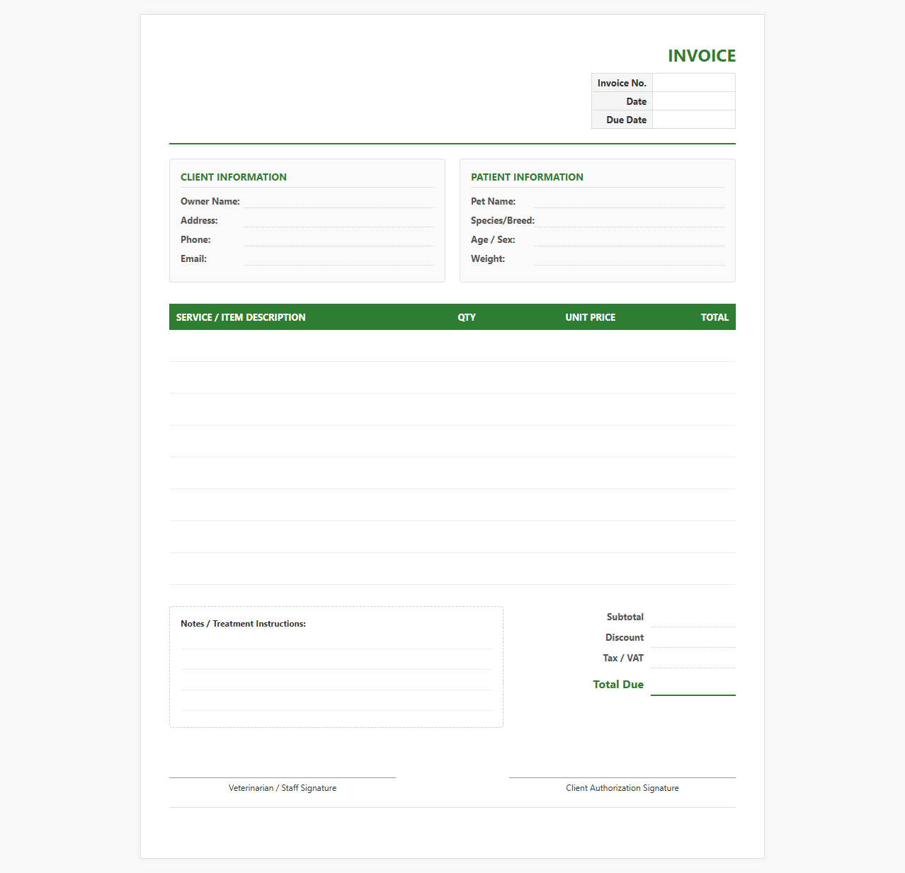 Itemized Veterinary Clinic Billing Invoice