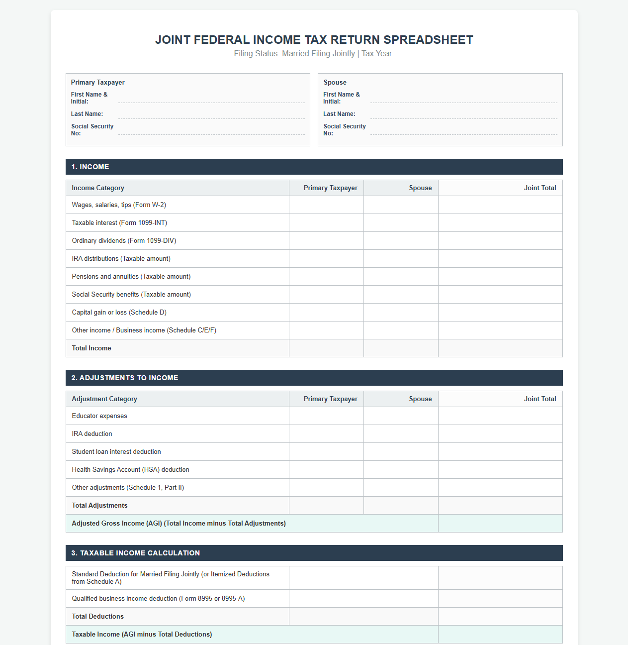 Joint Federal Income Tax Return Spreadsheet