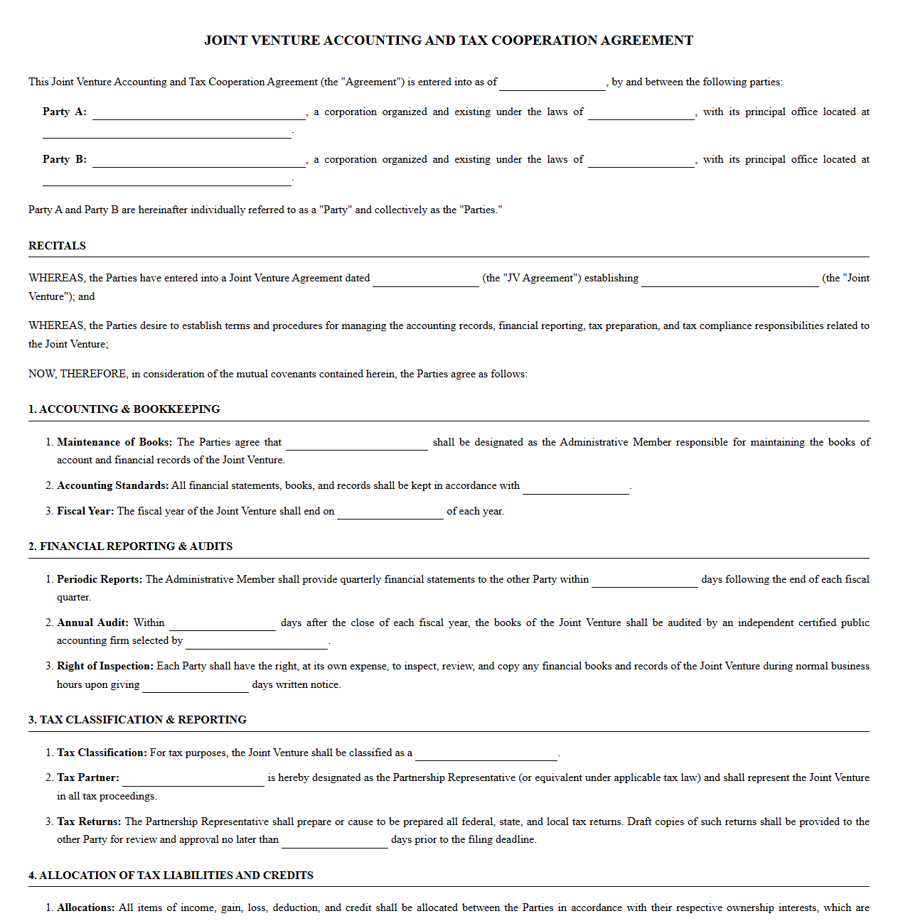 Joint Venture Accounting and Tax Cooperation Agreement Template