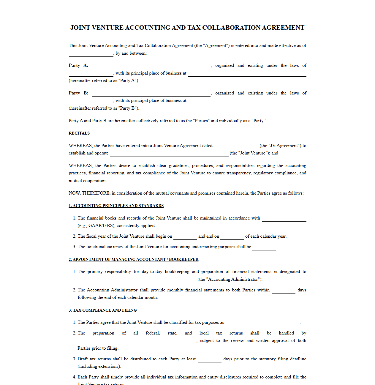 JV Accounting and Tax Collaboration Agreement Form