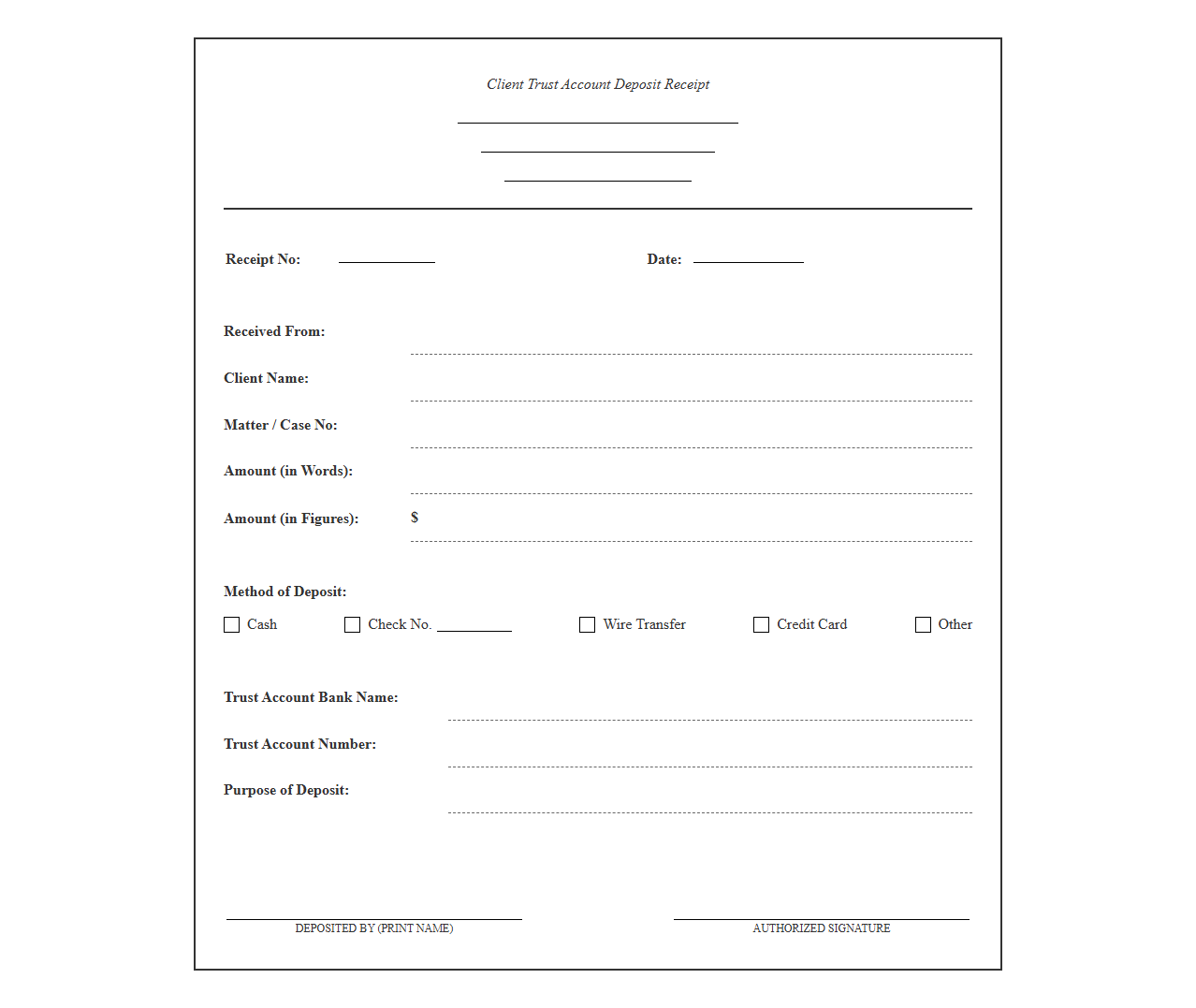 Law Firm Client Trust Account Deposit Receipt