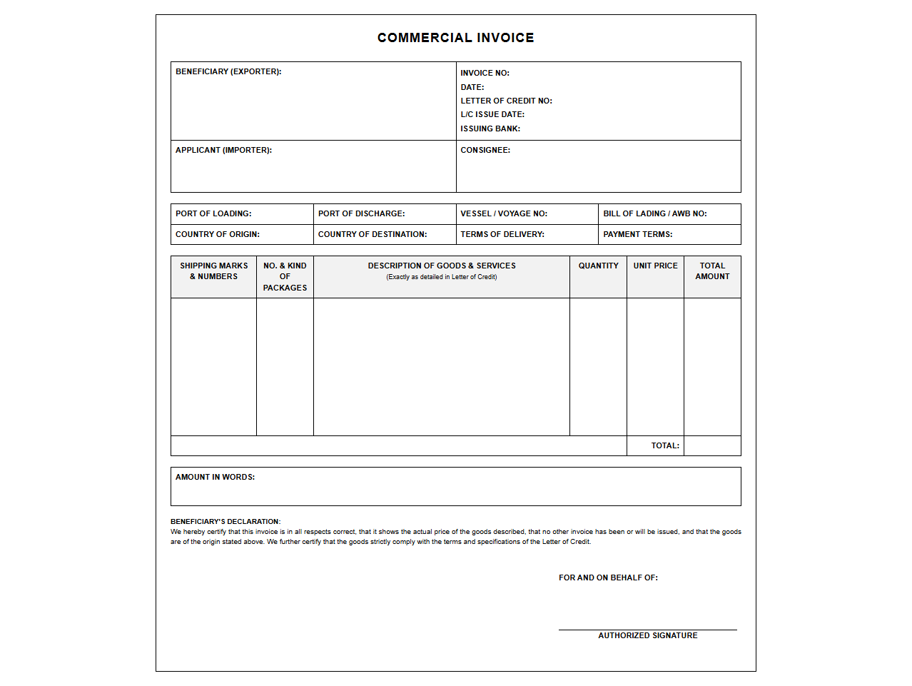 LC Compliant Commercial Invoice Template