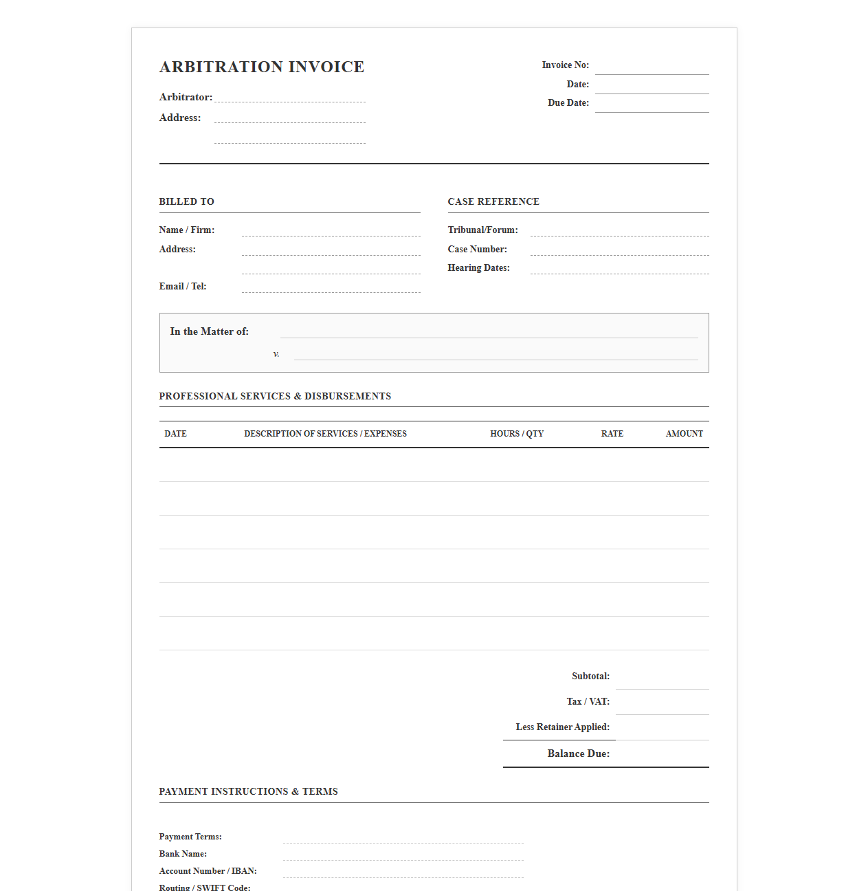 Legal Arbitration Billing Template