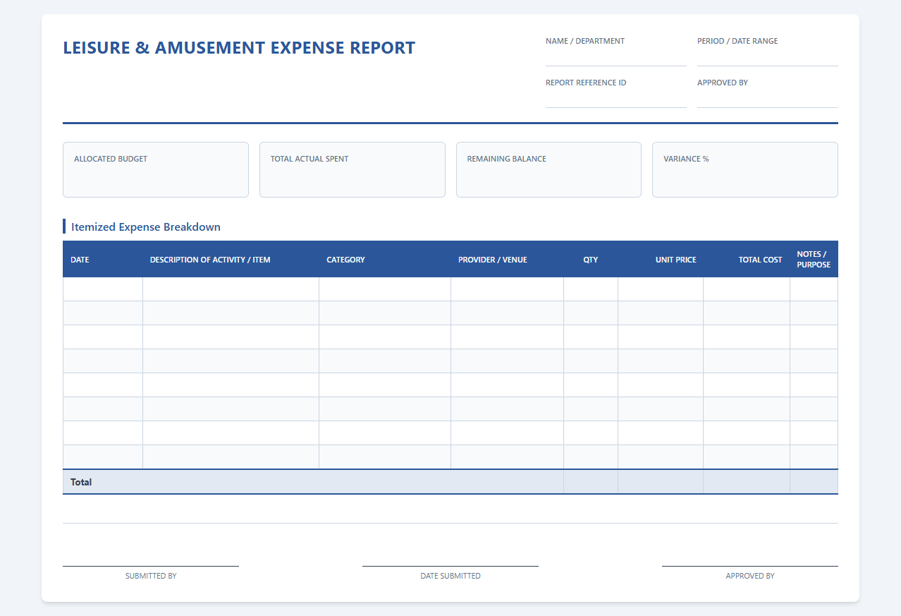 Leisure Activities and Amusement Expense Spreadsheet