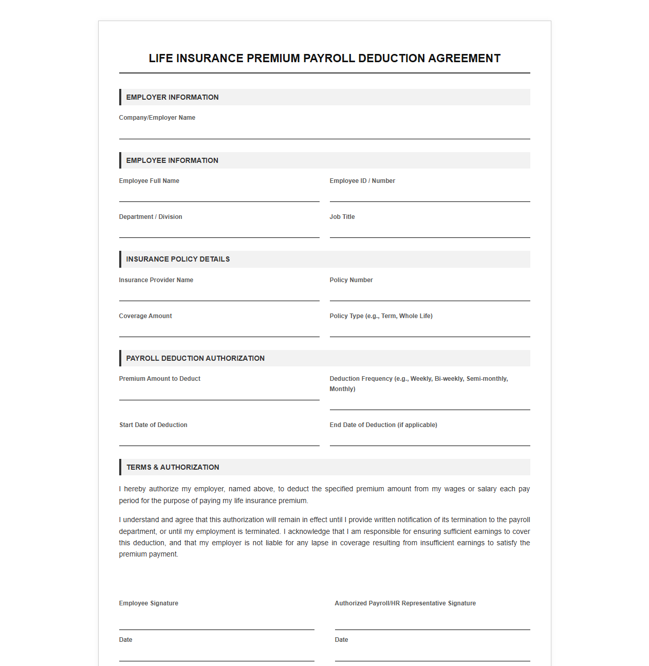 Life Insurance Premium Payroll Deduction Agreement