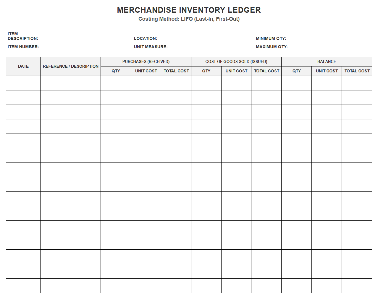 LIFO Costing Merchandise Inventory Ledger Sheet