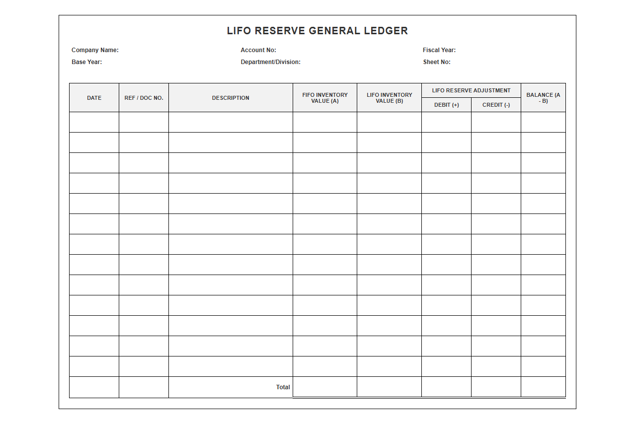LIFO Reserve General Ledger Sheet
