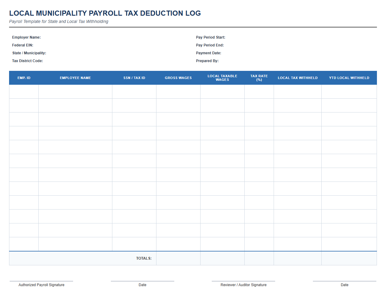 Local Municipality Payroll Tax Deduction Log