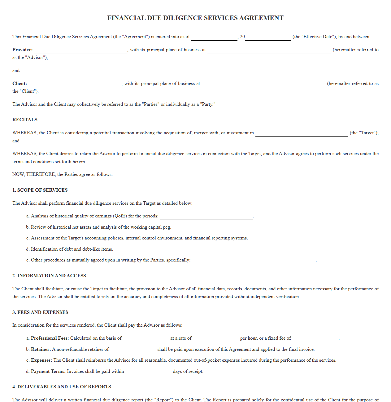 M&A Financial Due Diligence Agreement Template