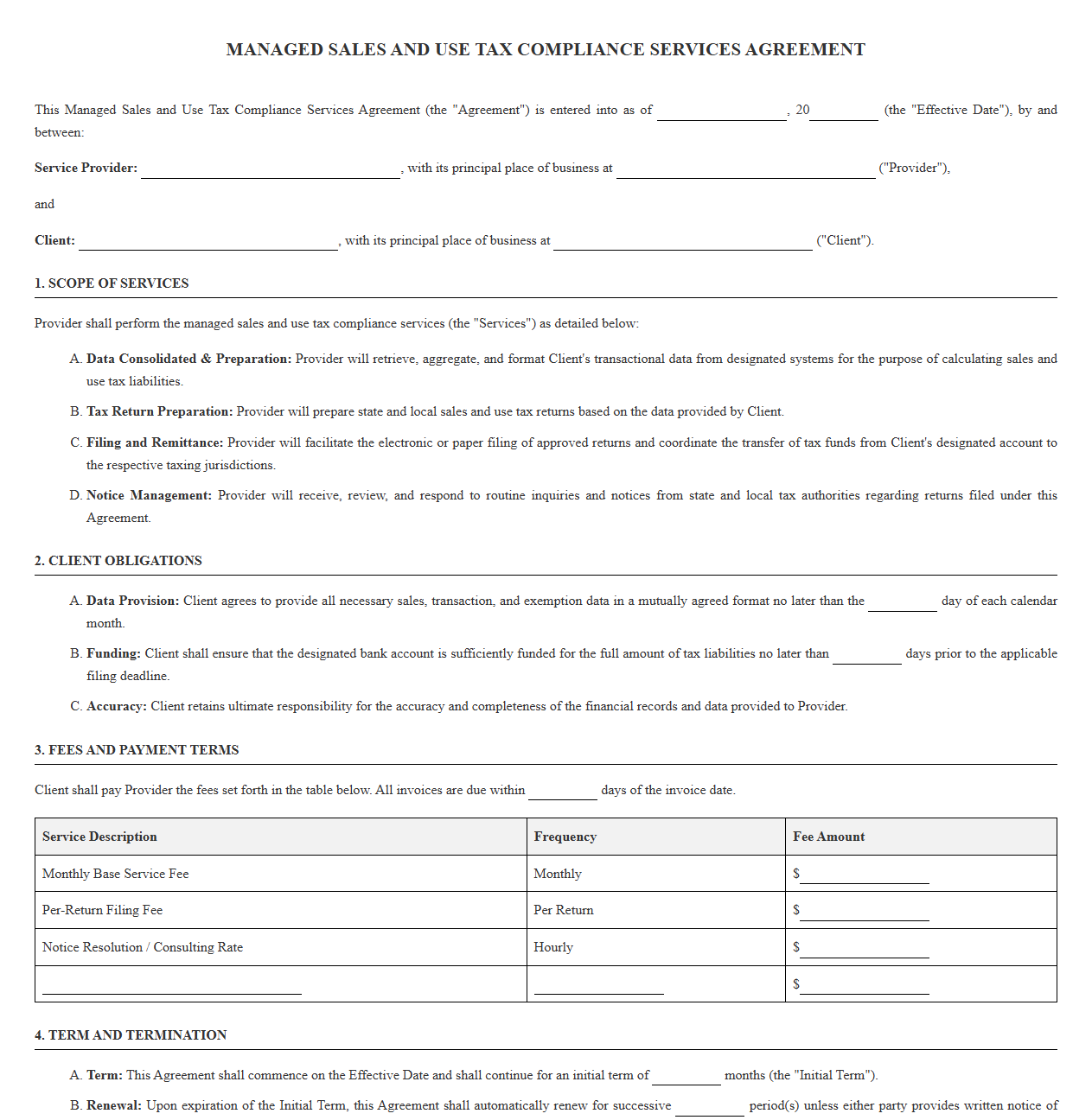 Managed Sales and Use Tax Compliance Services Agreement